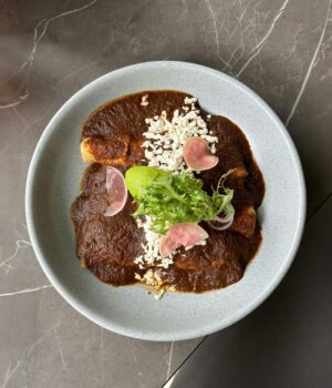 A delectable dish of enchiladas topped with rich mole sauce and fresh garnish on a plate.