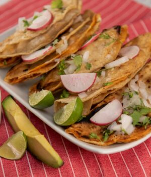 A delicious serving of traditional Mexican tacos topped with radish and onion.